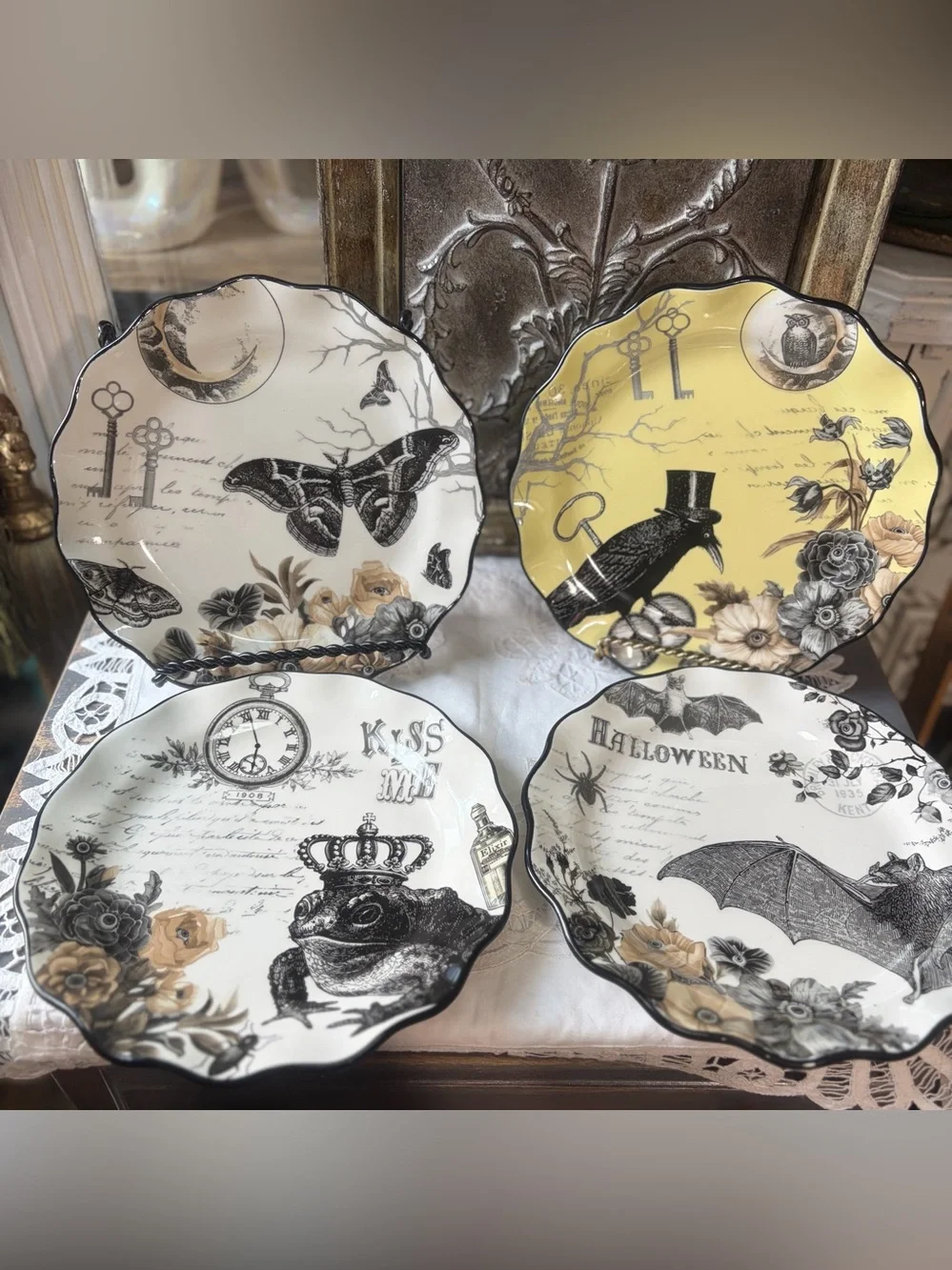 Potters studio ceramic Halloween lunch plate crow bat butterfly toad